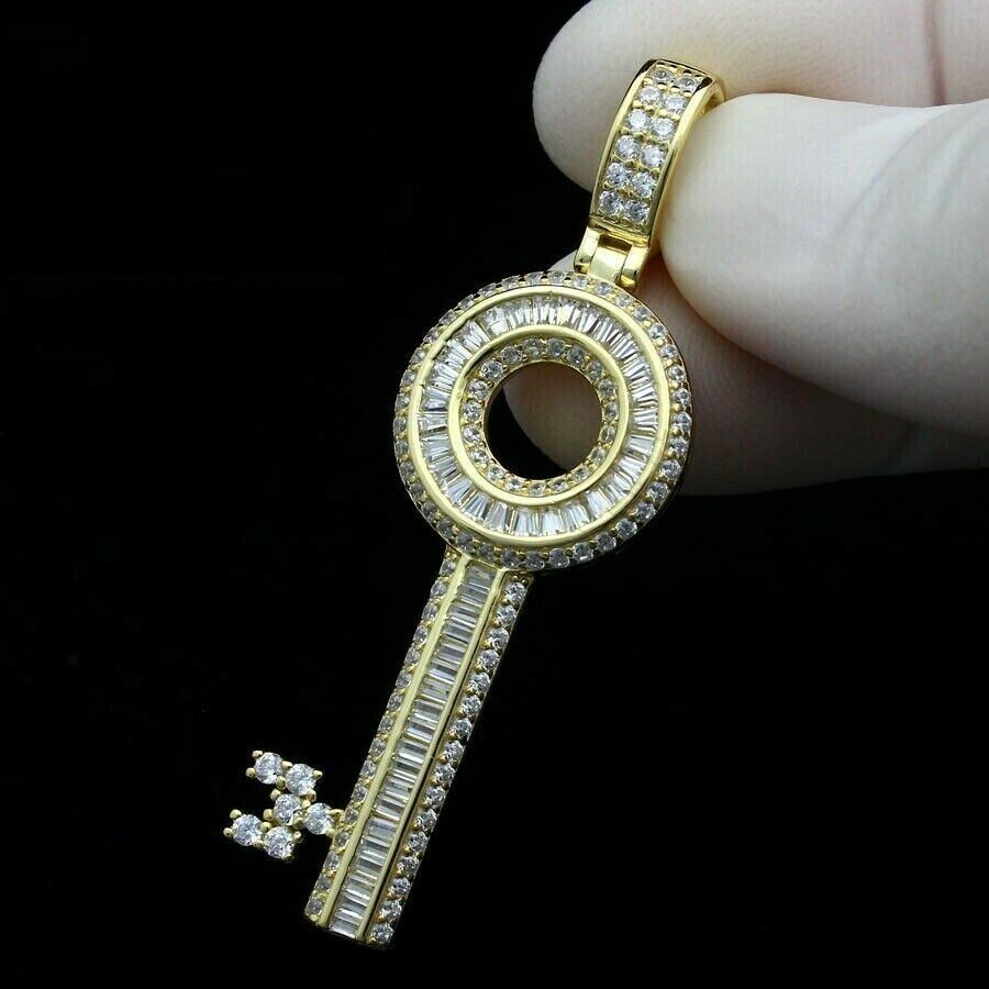 Pretty Baguette Cut Simulated Diamond Key Shape Pendant 14k Yellow Gold Plated