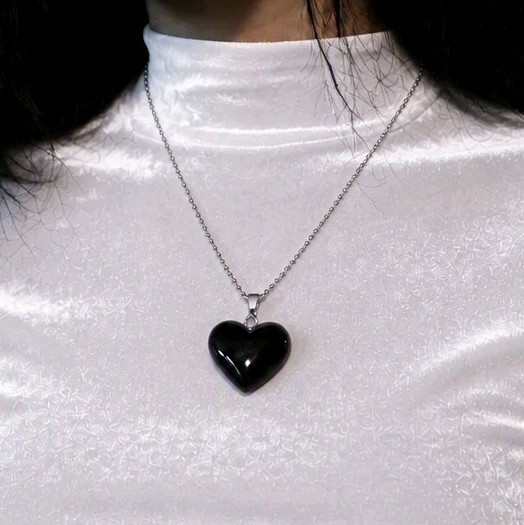 Black Heart Pendant Necklace — glossy black heart, silver-tone bail, ball chain.