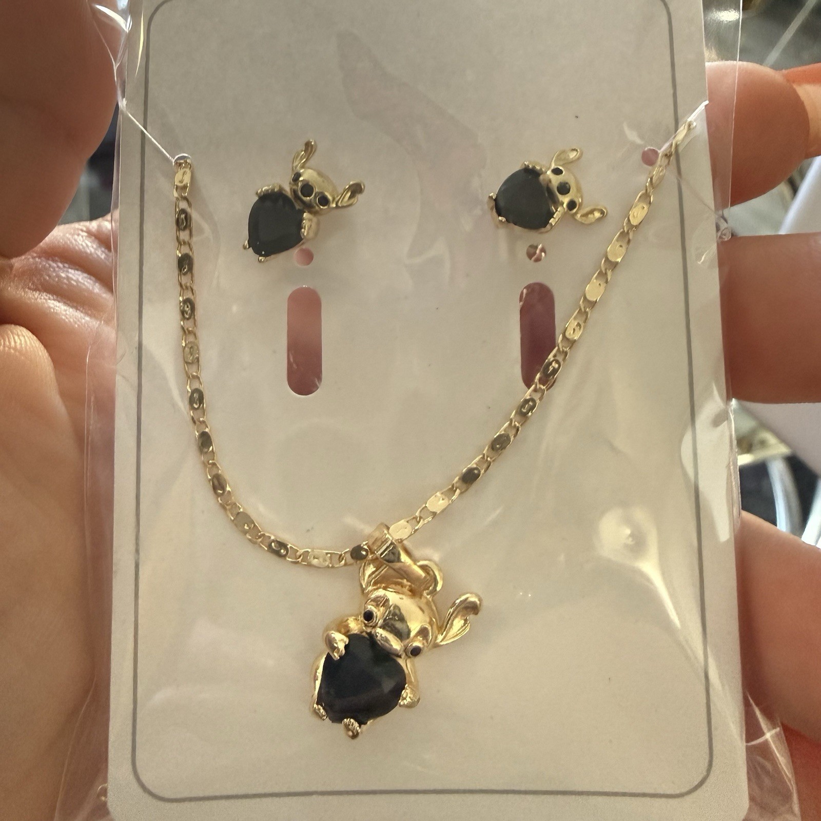 Gold Tone Heart Crystal Pendant Necklace & Earrings Set Black/Pink