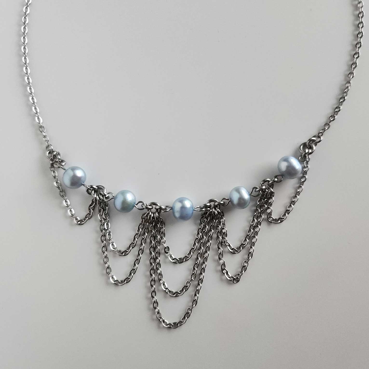 Vintage medieval style princess genuine blue pearls & silver chandelier necklace