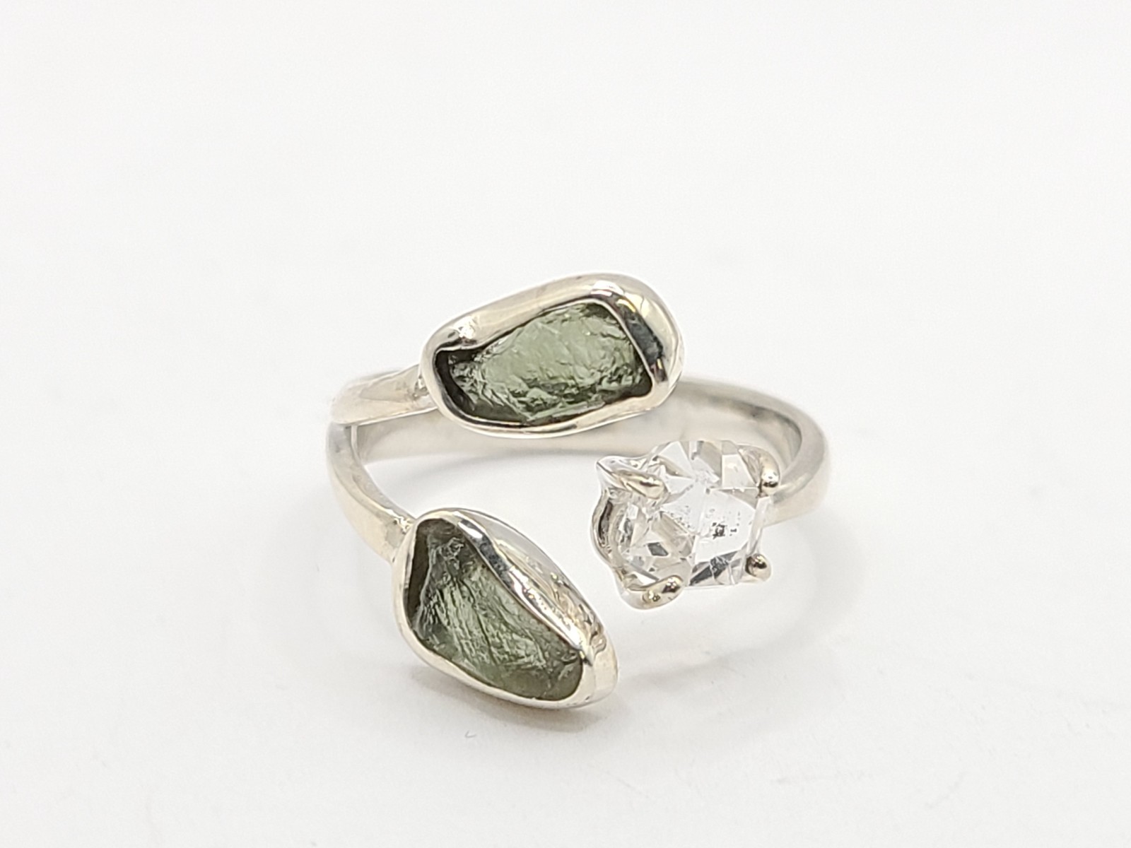 Double Moldavite & Herkimer Diamond Ring 925 Sterling Healing Gemstone Ring