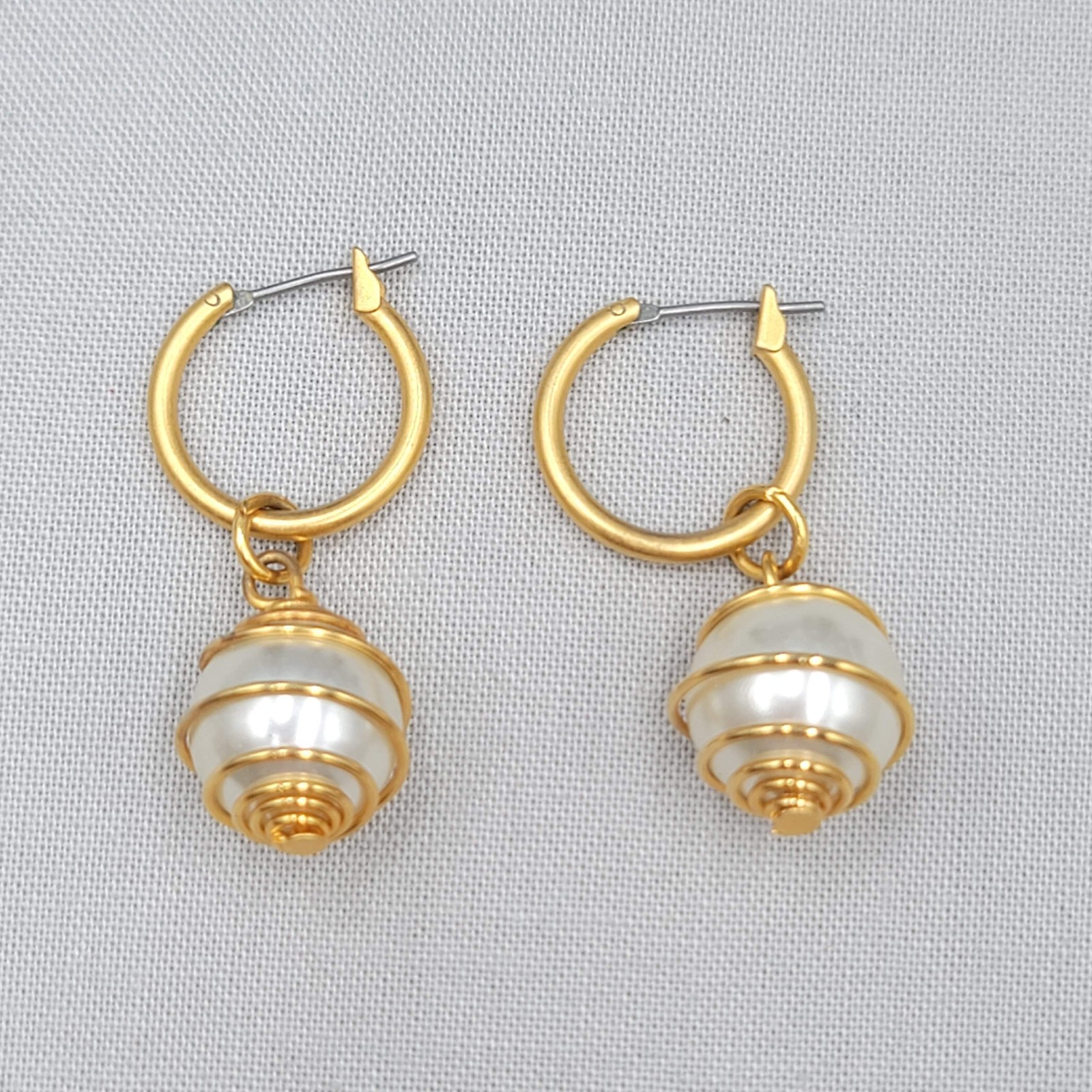 Gold Plated Wire Wrapped White Bead Pierced Earrings Hoop Dangle 1.25″