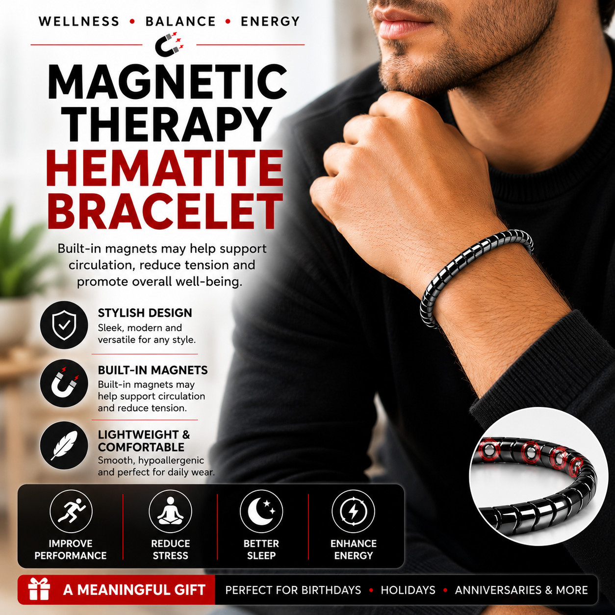 10 PACK Magnetic Therapy Hematite Bracelet 8mm Beads for Men and Women