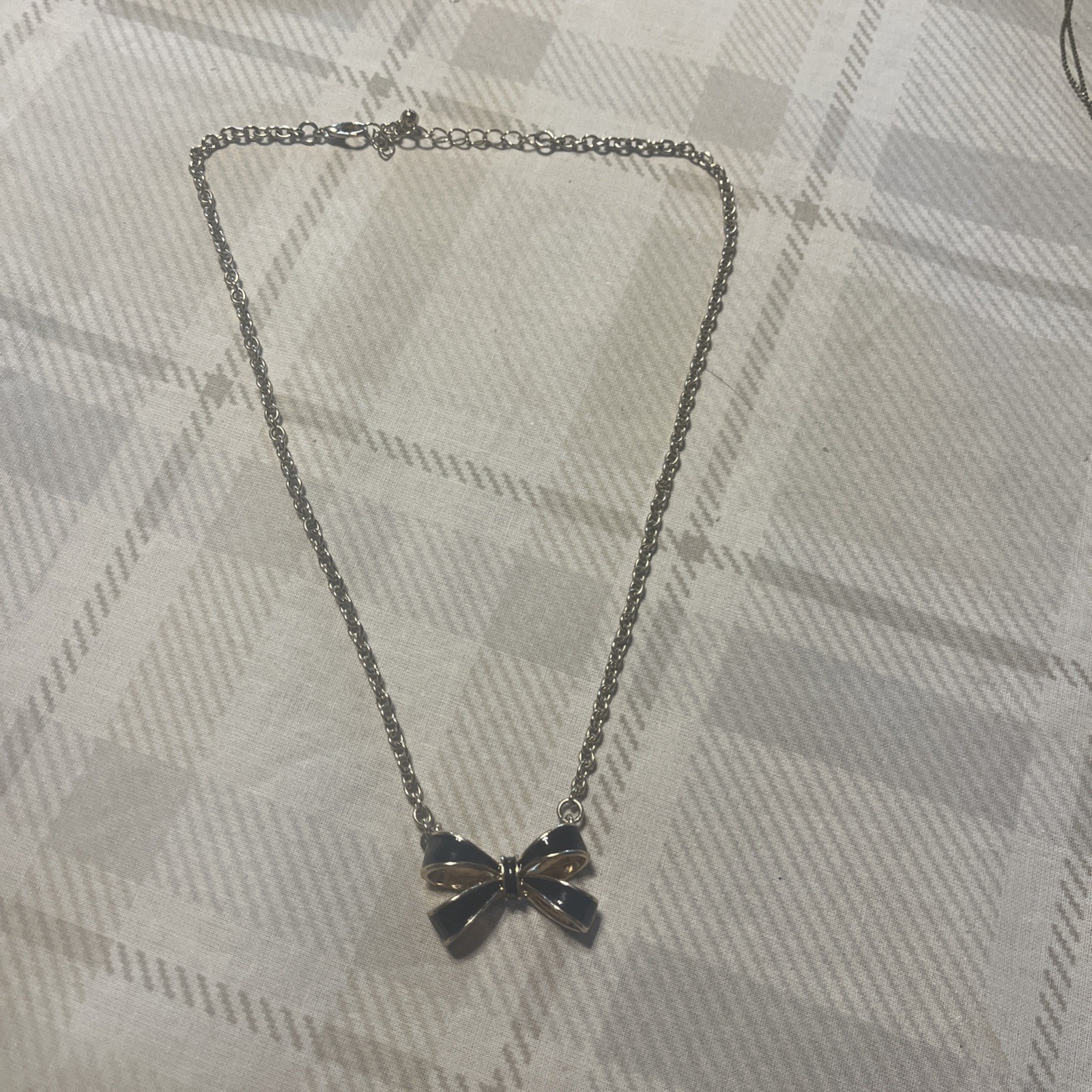 Gold Tone Black Enamel Bow Shaped Pendant Necklace Adjustable Chain 16”