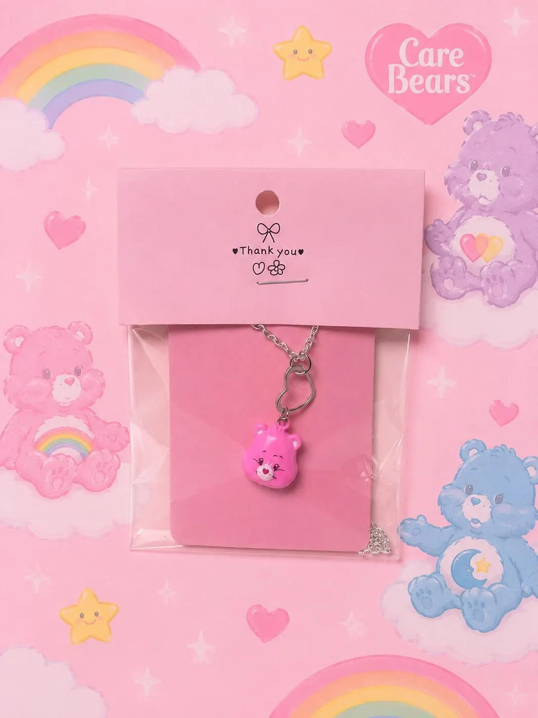 Cheer Bear Care Bear Pink Teddy Bear Necklace With Heart Design