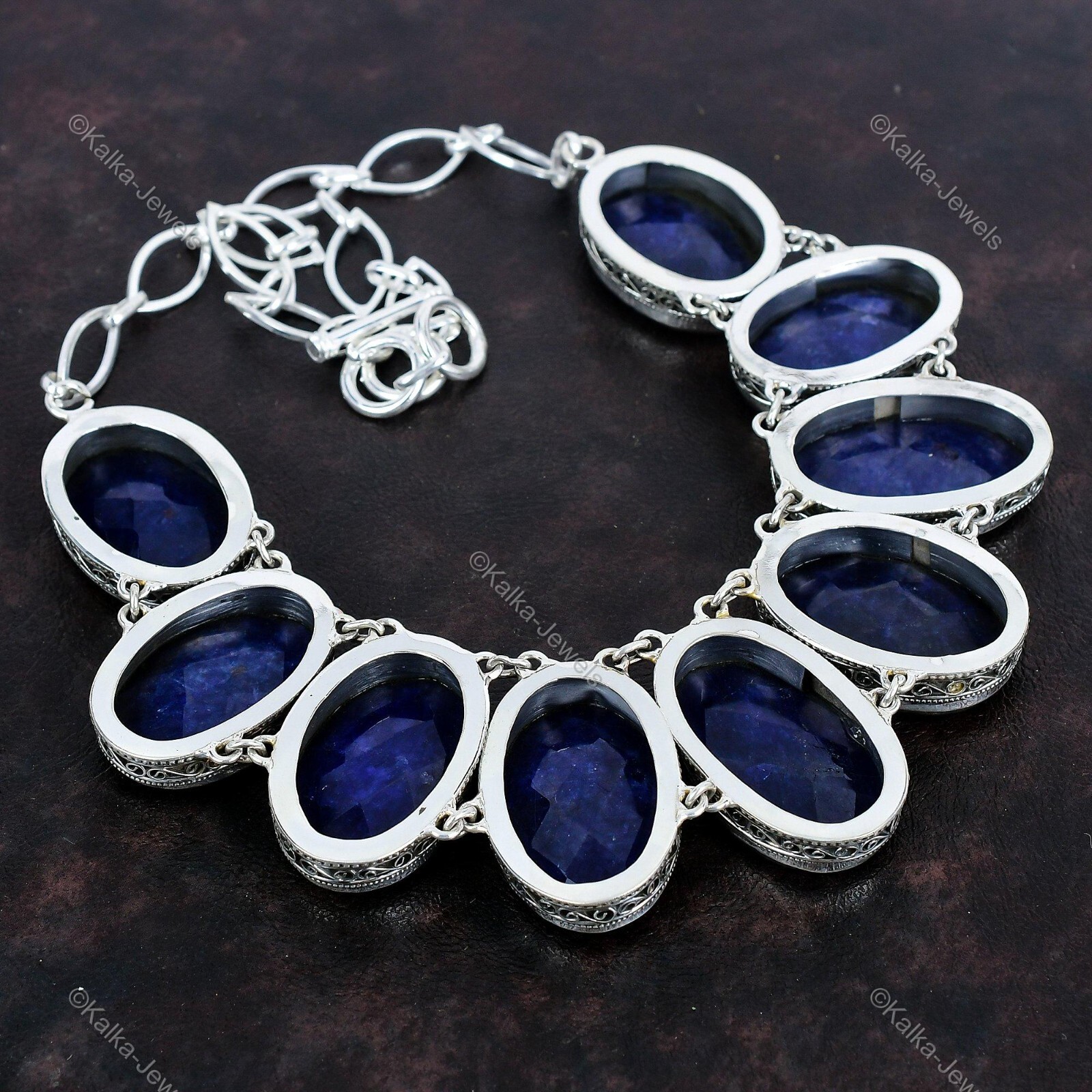 Blue Saphire Gemstone Chain Vintage Blue Adjustable Necklace 925 Silver