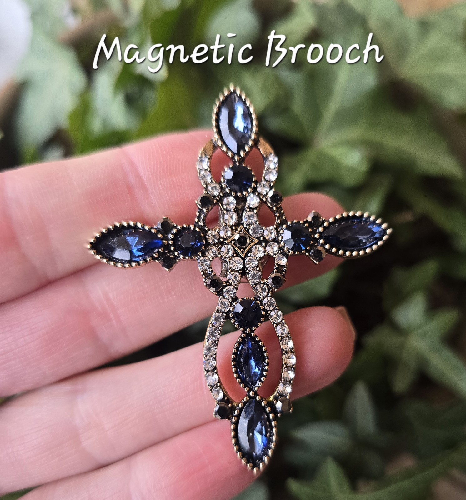 Blue Gold MAGNETIC Crystal Cross Brooch. Christmas brooch Easter brooch Pin Free