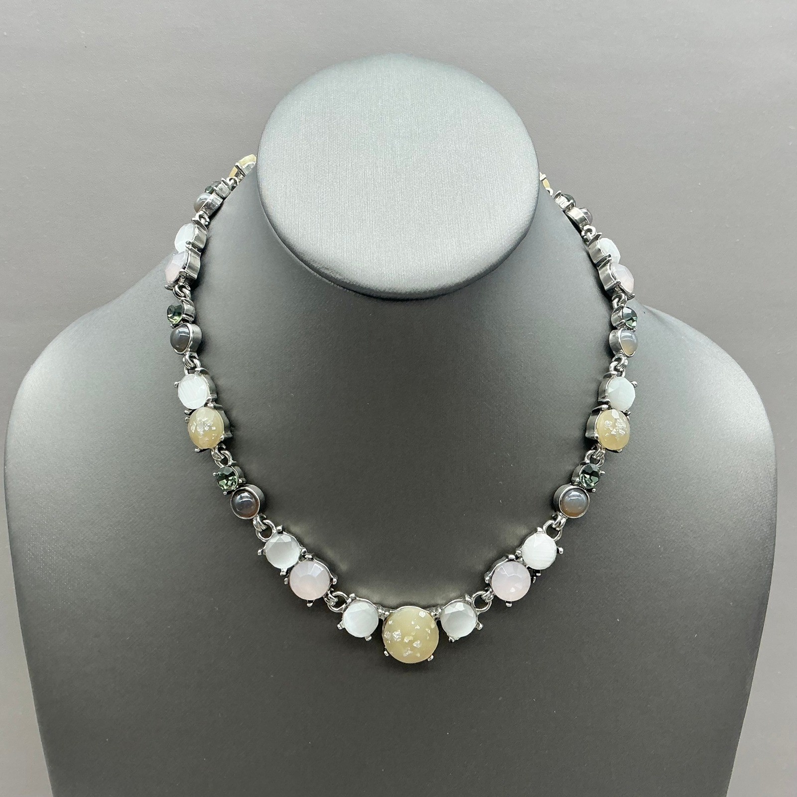 LOFT Necklace Multicolor Crystal Glass Statement Silver Tone Pastel Collar 18″