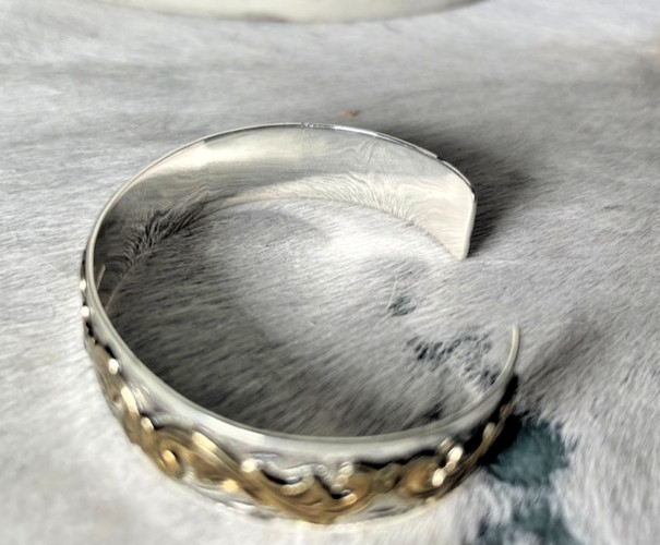 Western Womens Bracelet 6 3/8 x 1/2 in Band Silver Gold Cuff Cowboy Adjust