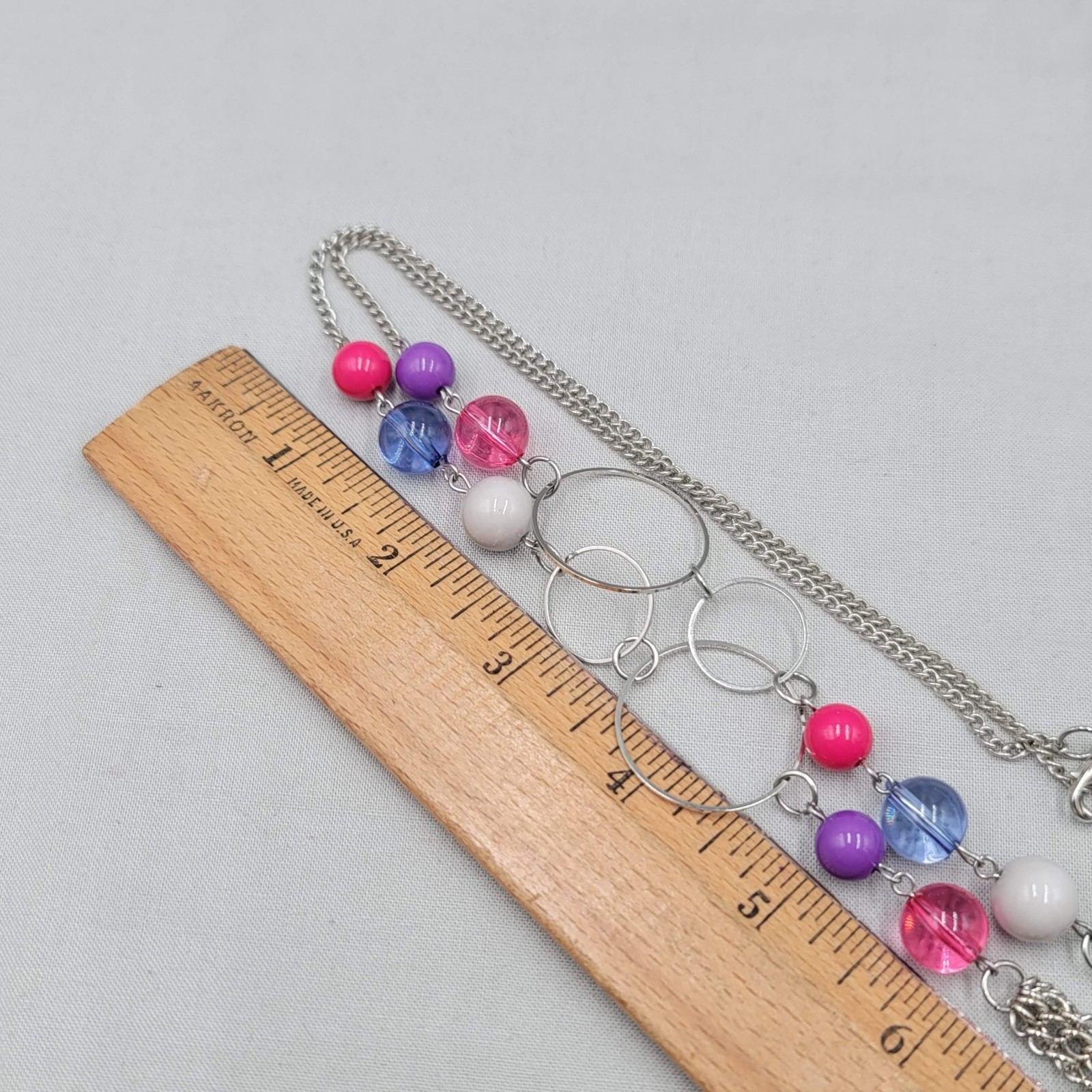 Purple Pink Blue Bead Layered Necklace Silver tone 30 in Long