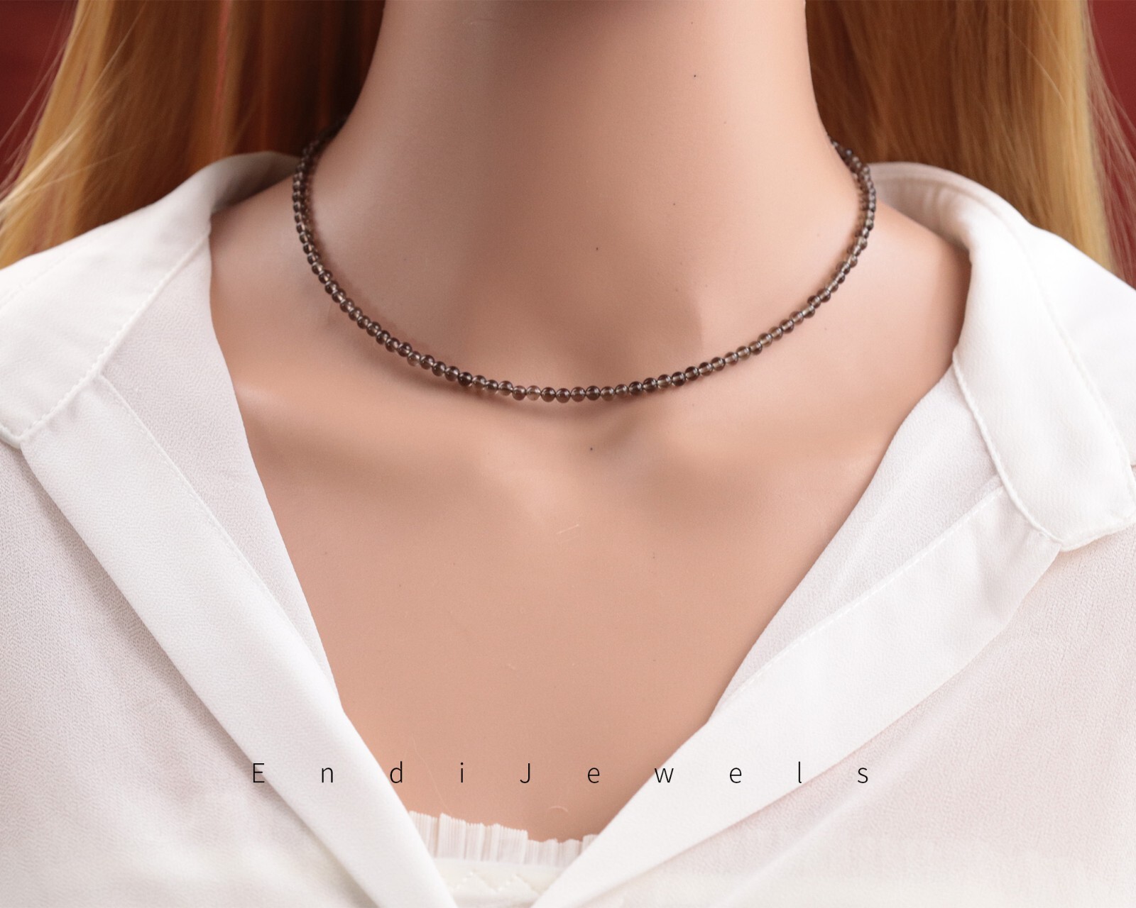 Natural Smoky quartz Small 3mm Round Beaded Choker adjustable 15 to 17 inches