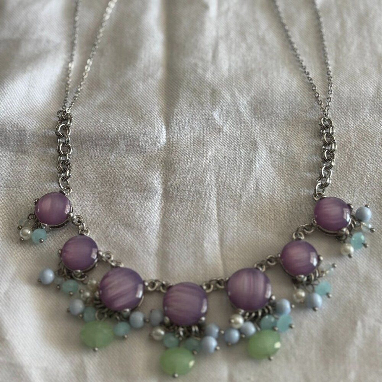 Pastel Cat Eye Statement Necklace Lavender Cabochon Mint Blue Charms