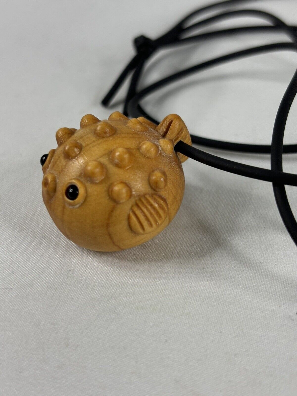 Puffer Fish Tiki Necklace Wood with Black Eyes 1″ Black Cord Surfer Beach Cute