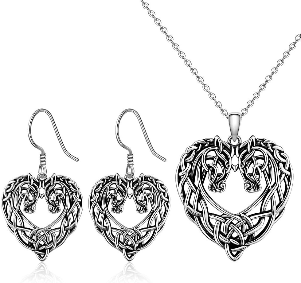 Celtic Knot Heart Horse Necklace Earrings Set Sterling Silver Gifts for Women