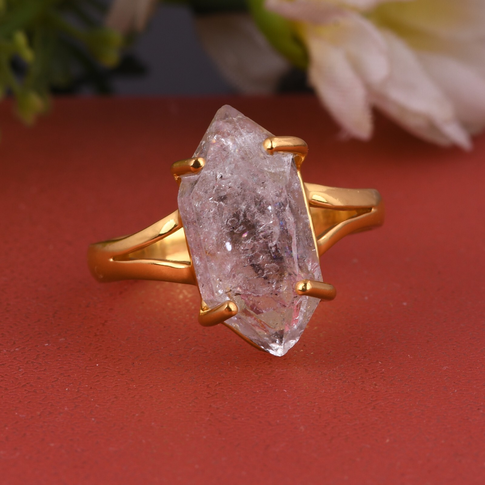 Raw Herkimer Diamond Gemstone Ring Handmade Rough Crystal Jewelry For Women
