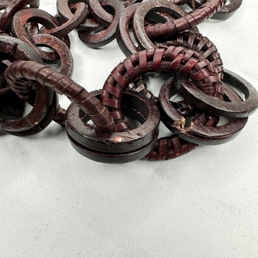 Dark Brown Wood Ring Link Cord Wrapped Chain Necklace Boho Artisan 30″ Slip On