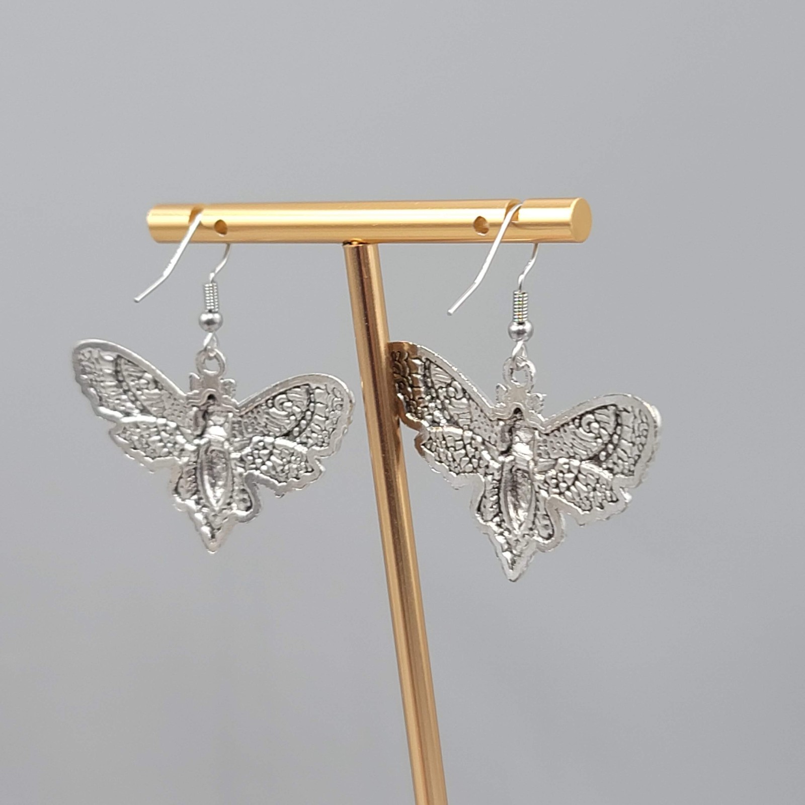 Moth Silver tone Embossed Pierced Earrings Dangle Goth Rock Punk 1 5/8″ x 1 in