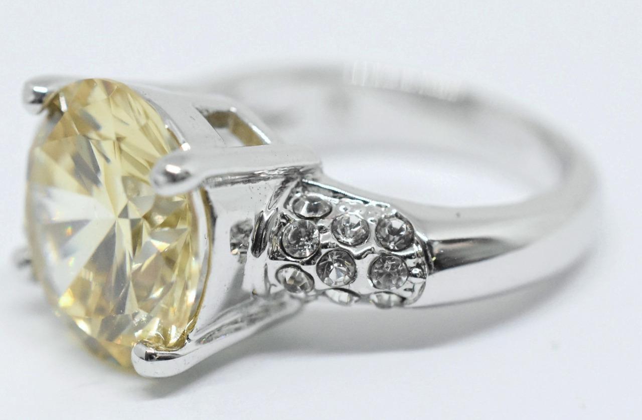 Ladies Designer Signed NWOT Yellow & Clear Crystal Stainless Steel Cocktail Ring
