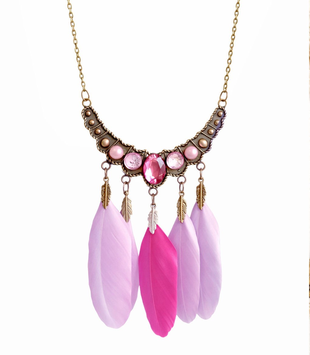 Dark Pink and Lilac Feather Necklace – Bronze Pendant, Chain – Handmade