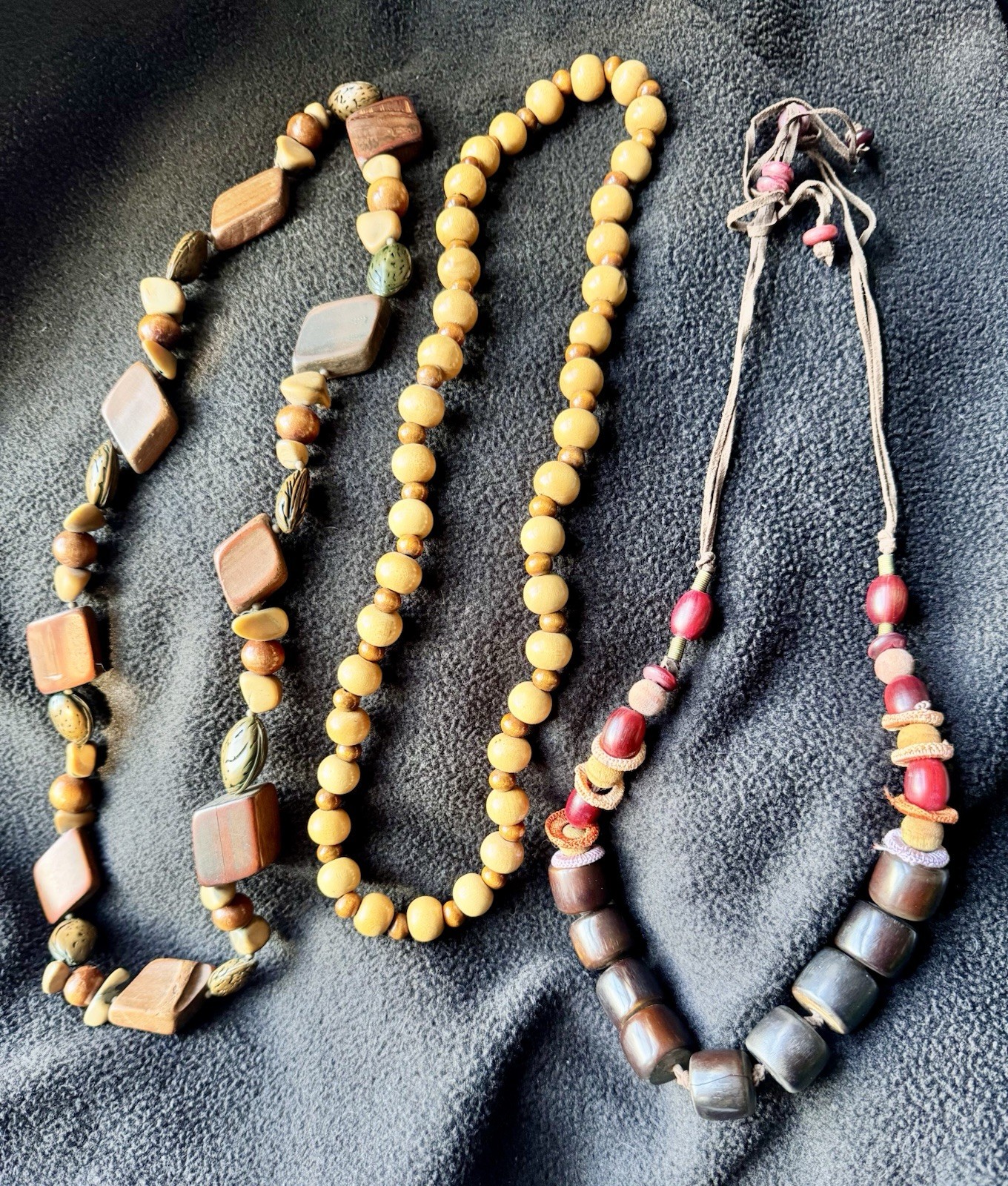 Lot of 3 Boho Necklaces Large Earth Tone Wood Seed Beaded 1 adjustable Vintage
