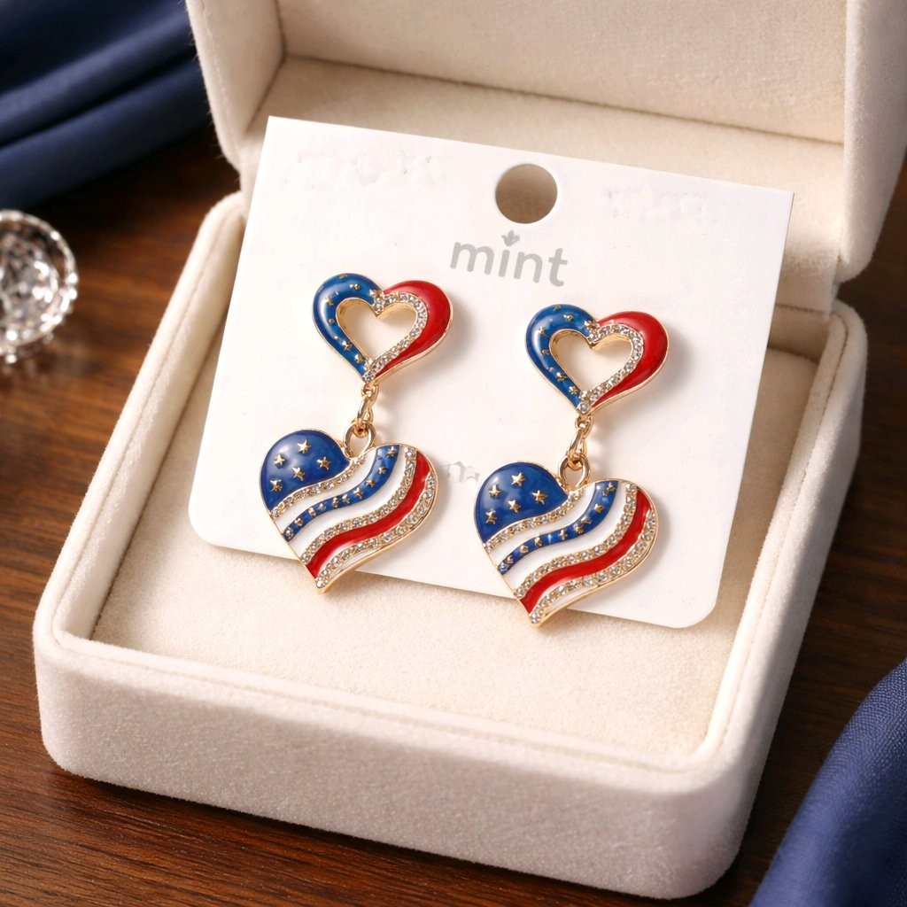 Patriotic USA Flag Heart Dangle Earrings Rhinestone Red White Blue 4th of July