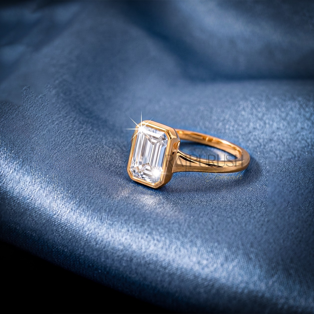1ct Emerald Cut Moissanite Ring Bezel Set Solitaire 14K Gold Plated 925 Silver