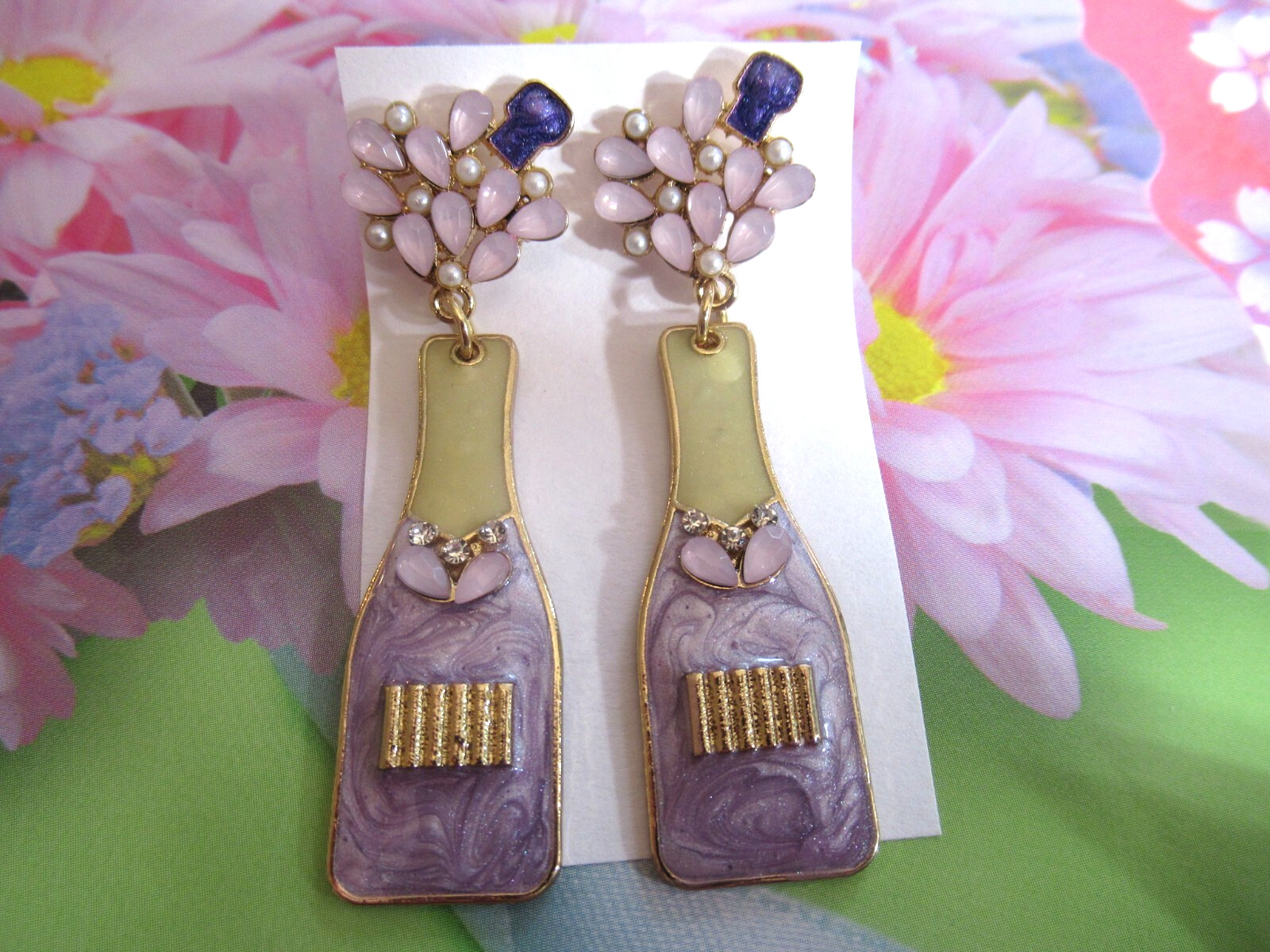 2.50″ POPPED CORK CHAMPAGNE BOTTLE & CHAMPAGNE GLASS RHINESTONE PEARL EARRINGS