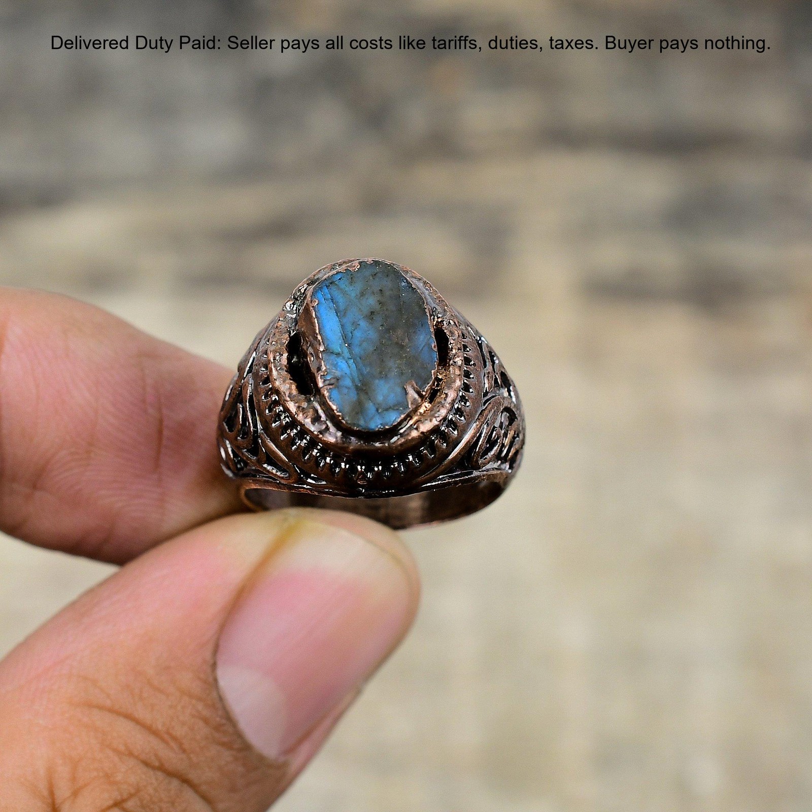 Third Eye Chakra Labradorite Rough Stone Boho Electroformed Ring Jewelry Copper