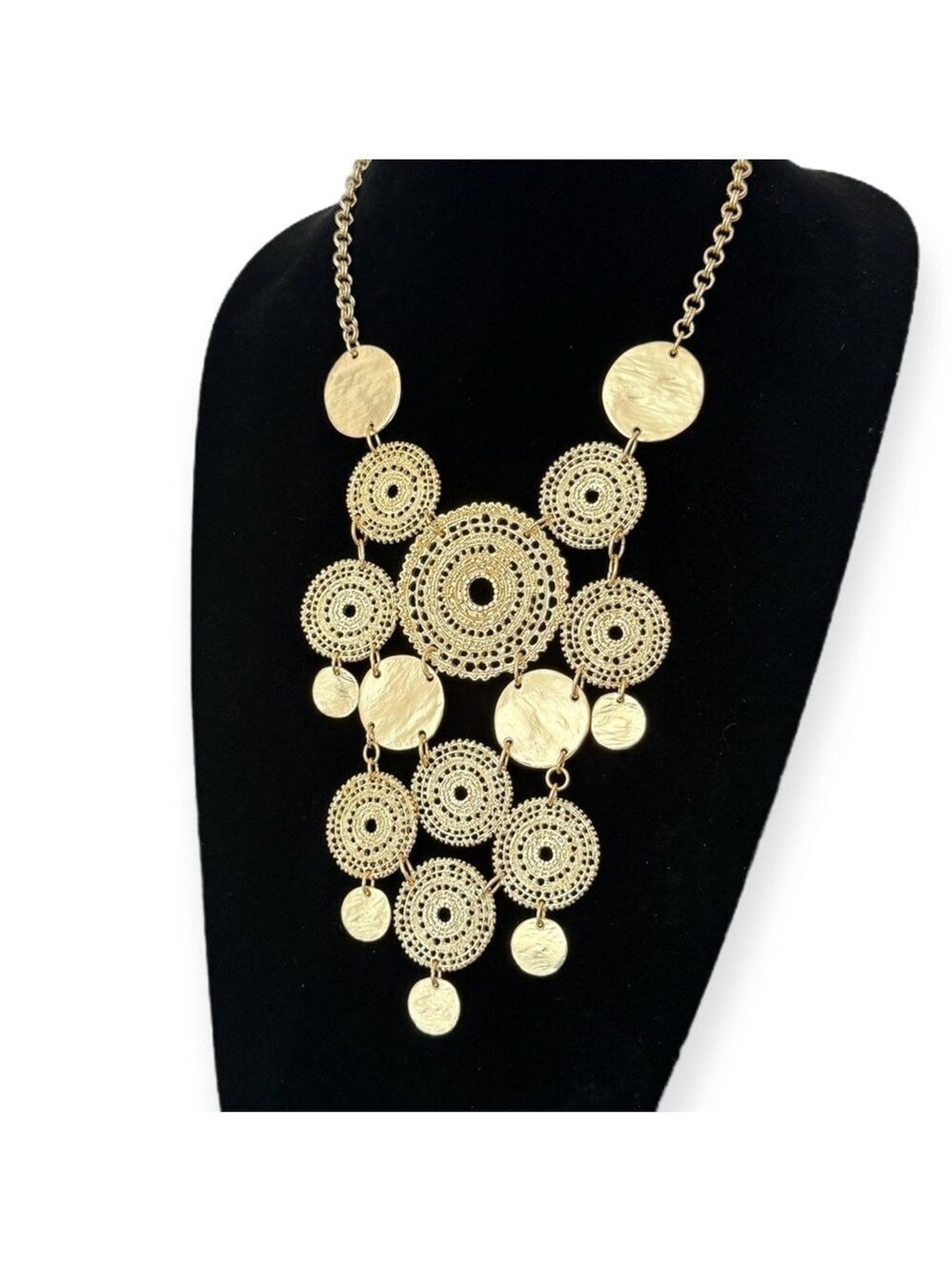 CHICO’s Brilliant Gold Medallion Disc Statement Bib Necklace | LIGHTWEIGHT | NWT