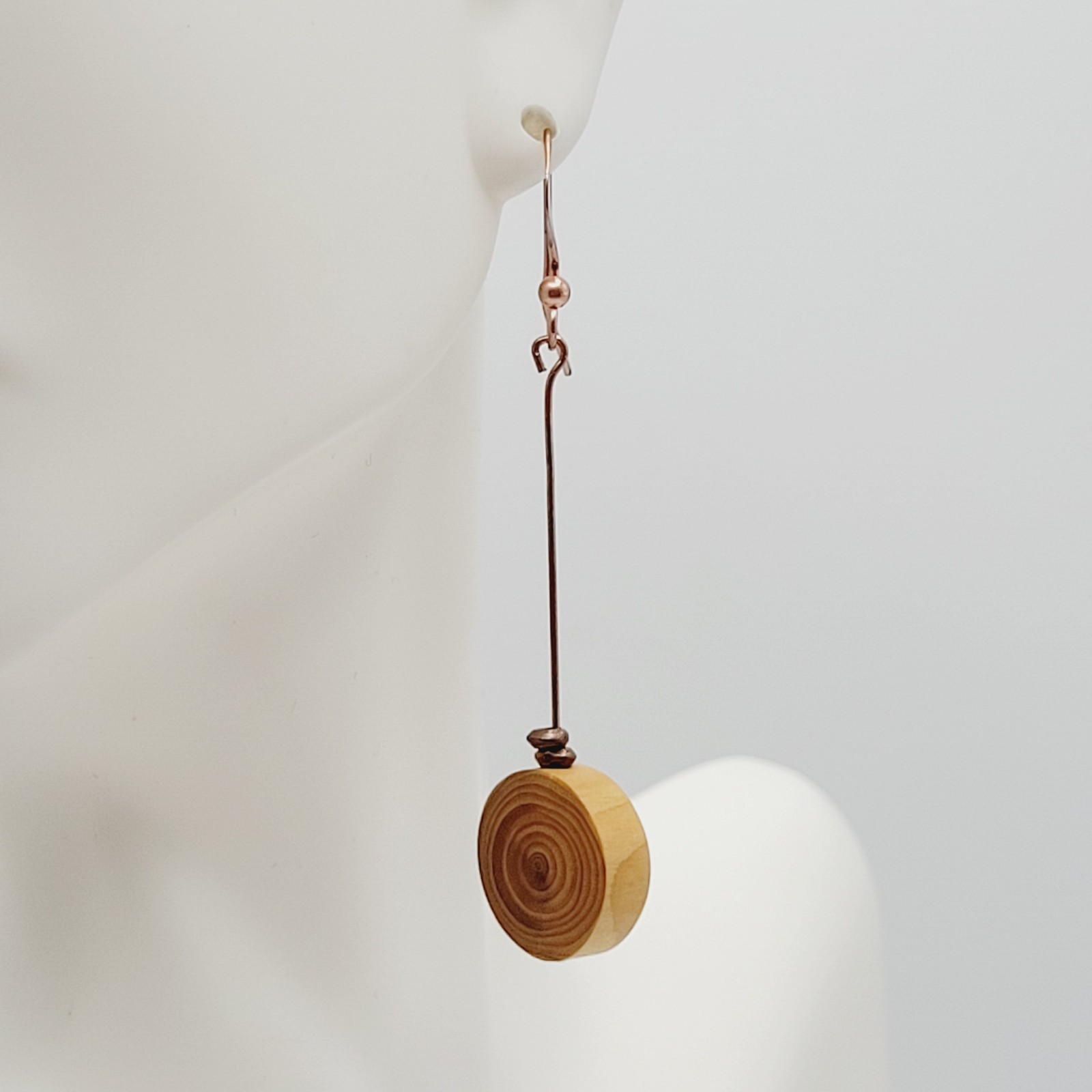 Artisan Handcrafted Round Wood Slice Drop Earrings Long Copper Wire Tree Ring