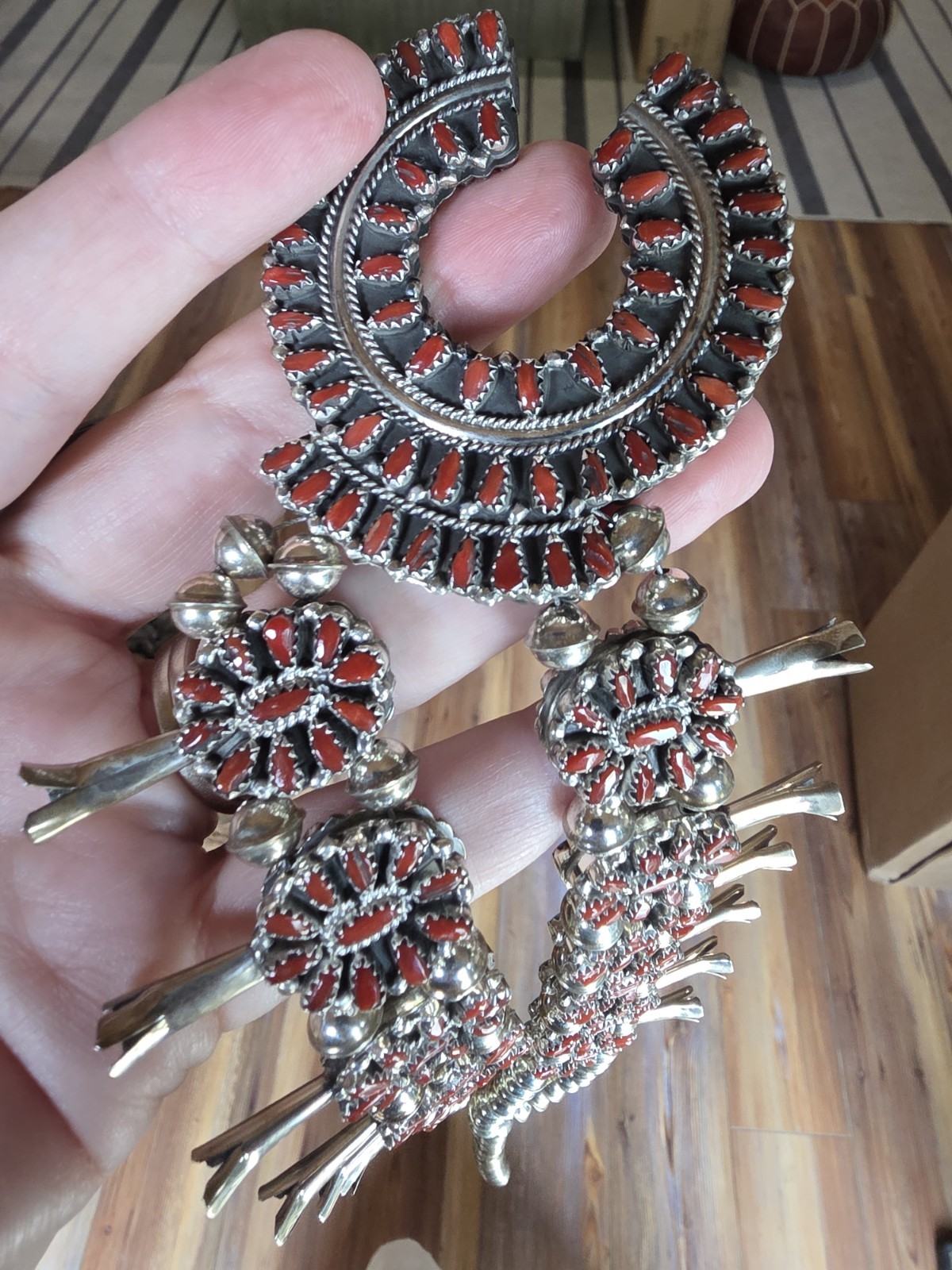 Reversible turquoise & coral squash blossom necklace