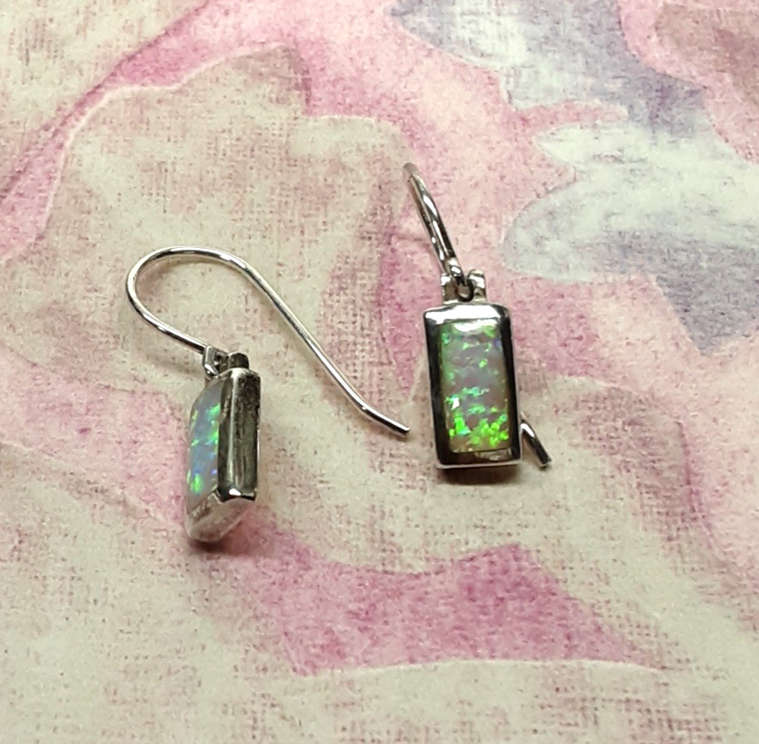 Blue FIRE OPAL Rectangular Dangle Earrings 925 STERLING SILVER with Wire Hooks