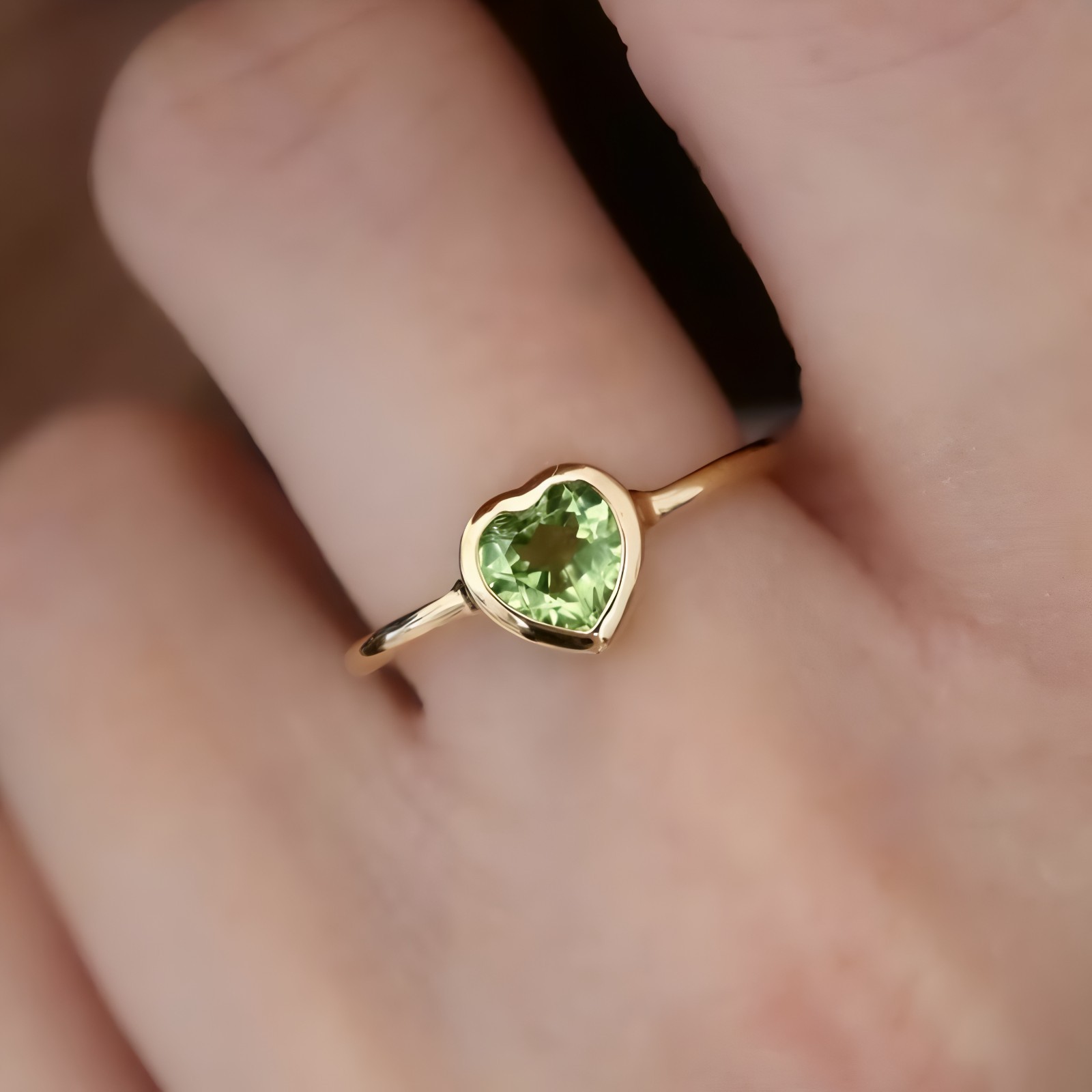 Natural Green Peridot Heart Ring 925 Sterling Silver Gold Plated Handmade Gift