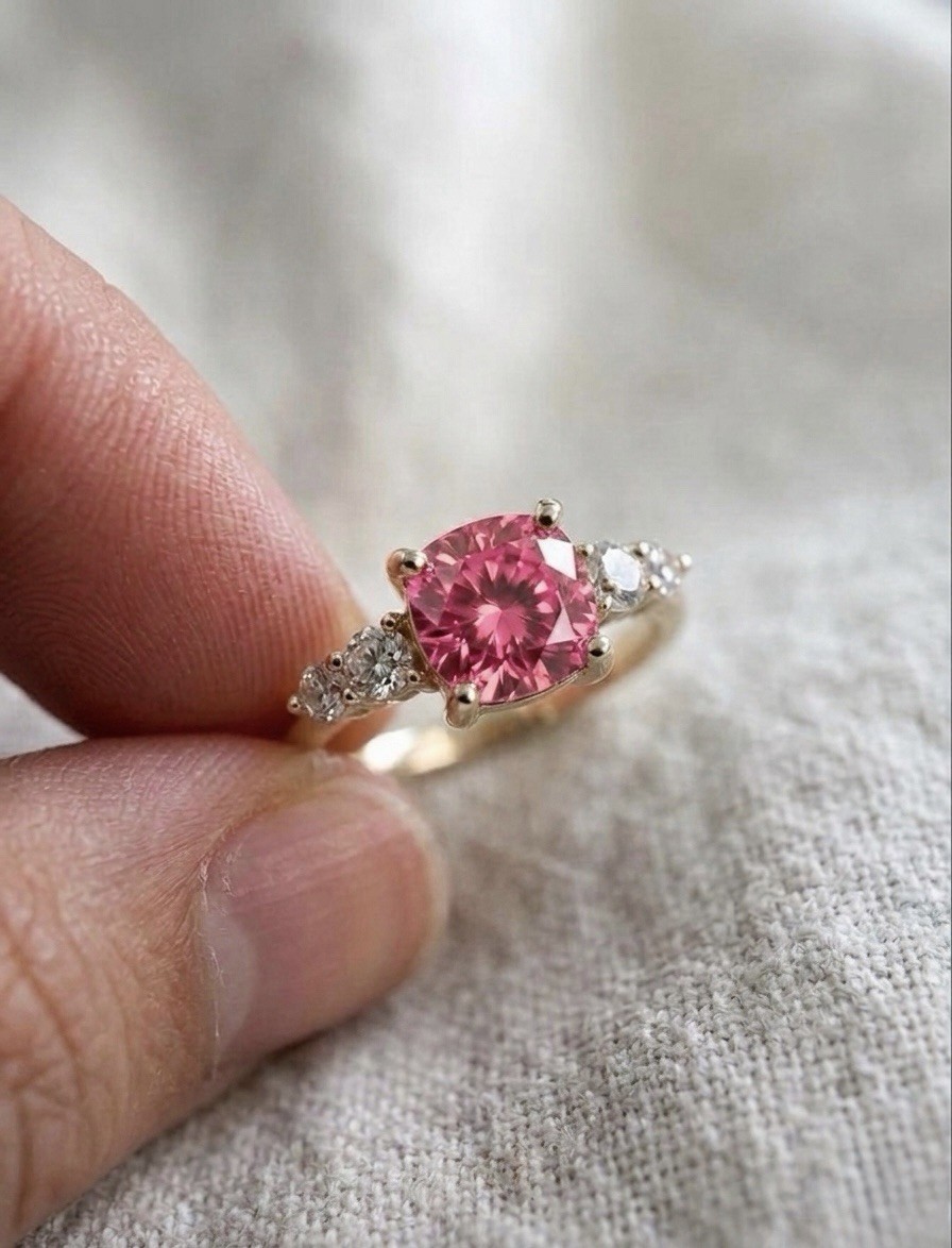 Cushion Cut Pink Tourmaline Ring 925Sterling Silver Engagement Ring.