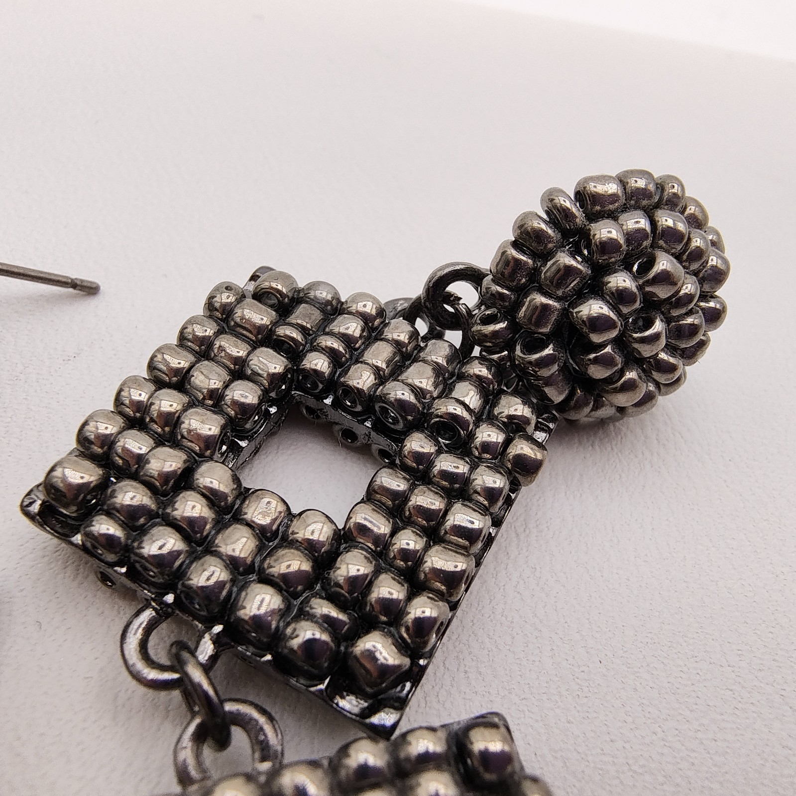 Geometric Maximalist Dangle Statement Earrings Gunmetal Beaded Industrial Chic