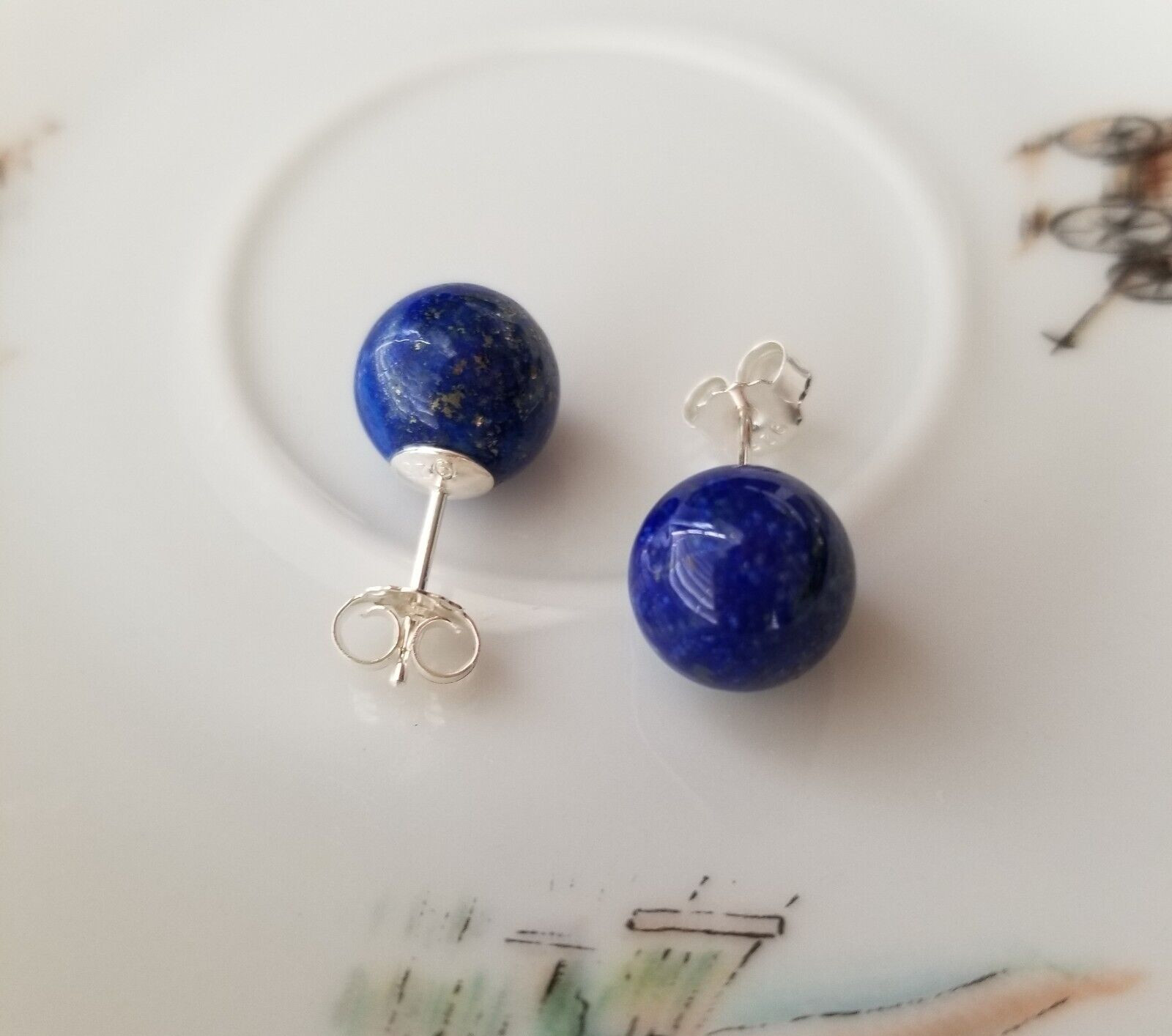 Solid 925 Sterling Sliver Natural Blue Lapis 10mm Round Ball Stud Earrings