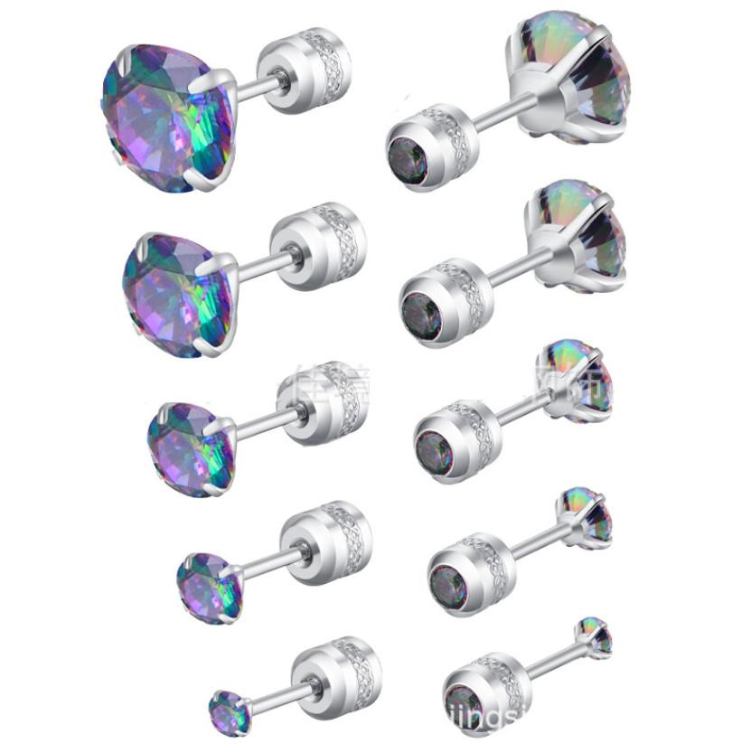A PAIR Silver Prong Set Colorful CZ Stud Earrings Screw Back Surgical Steel Gift