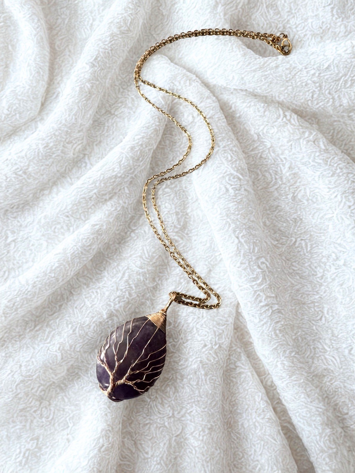 Amethyst Crystal Tear drop Tree of Life Pendant With Gold Necklace Healing Stone
