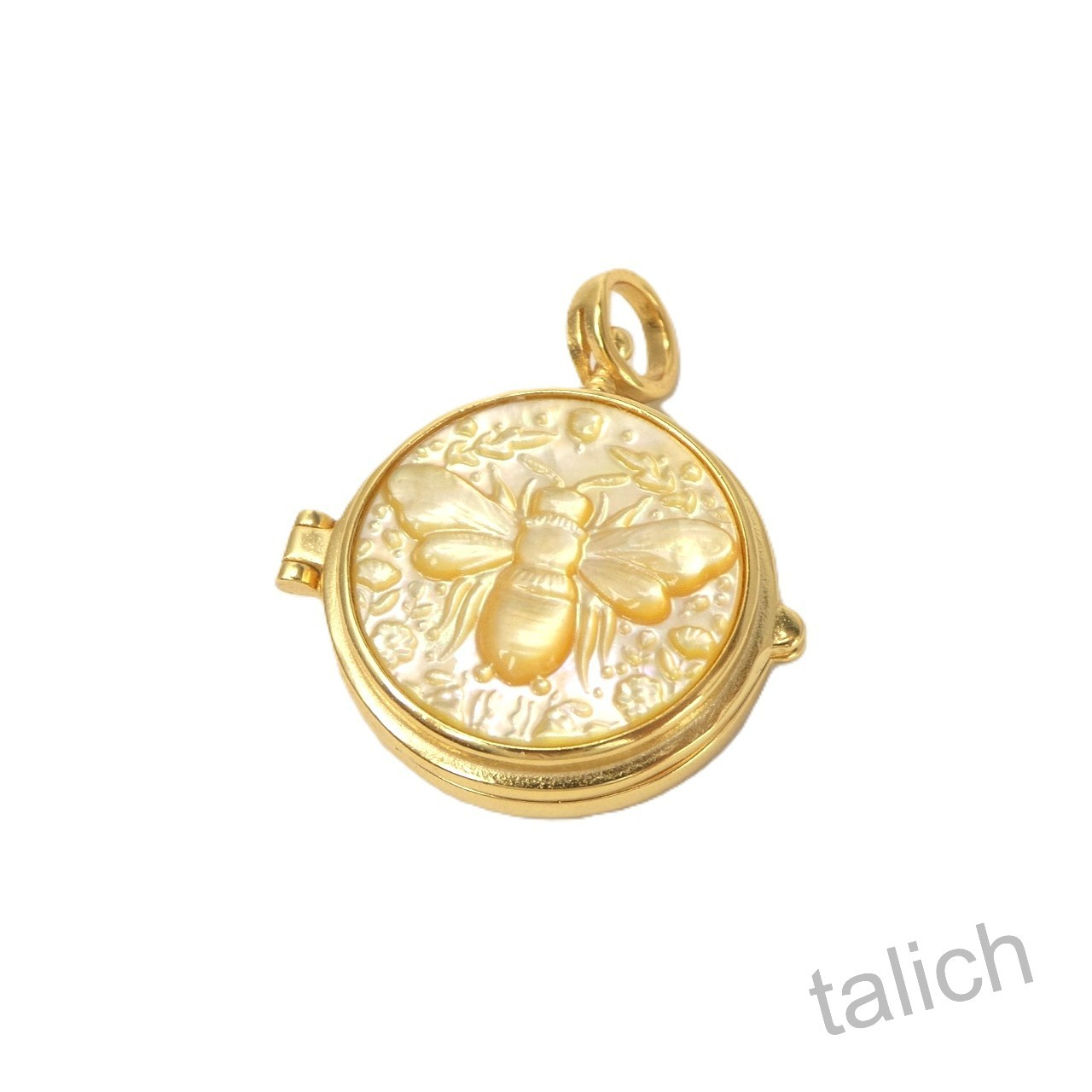 18K Gold Plated Sterling Silver Mother of Pearl Bee & Rose Cameo Locket Pendant