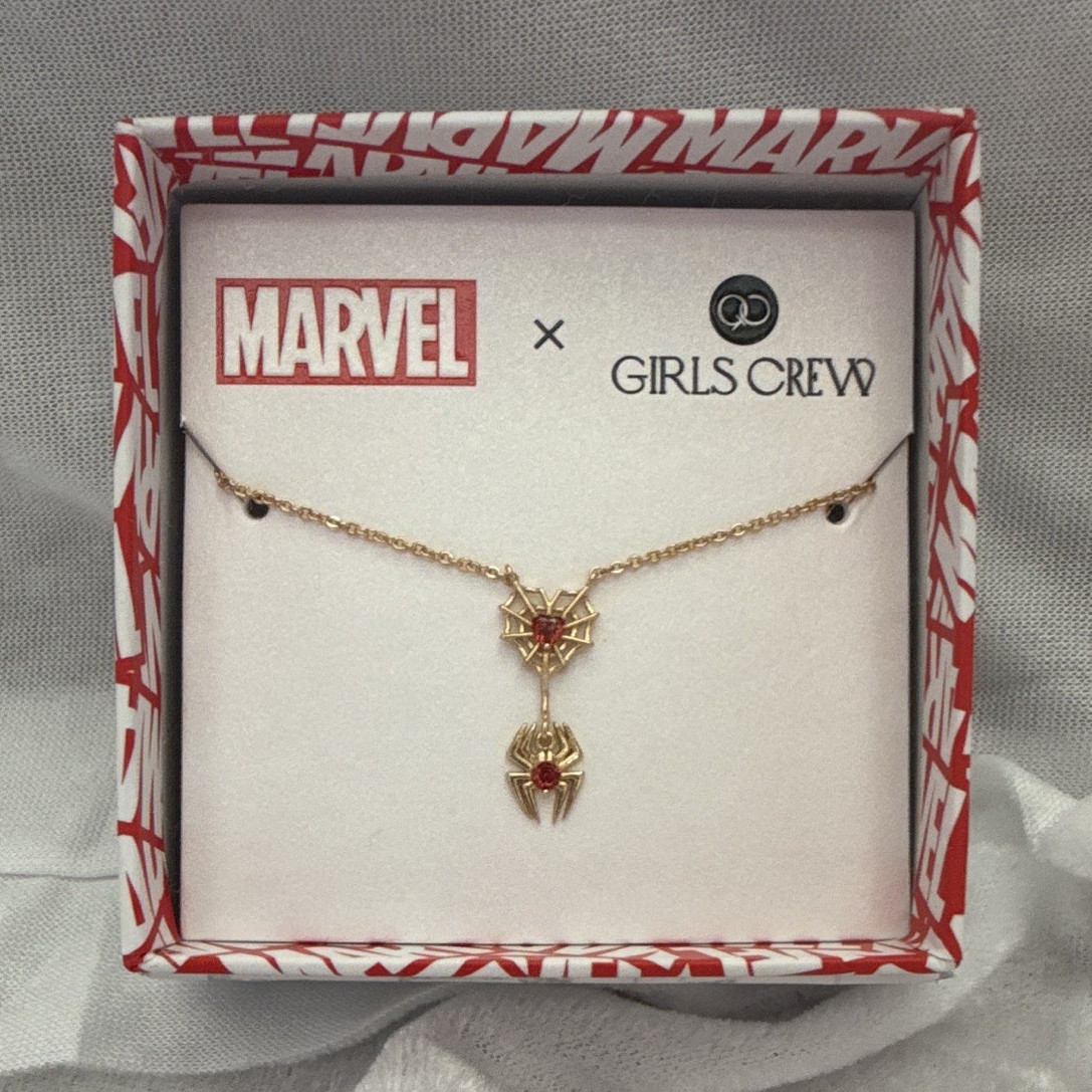Girls Crew Marvel Gold Tone Spider Charm Pendant Chain Necklace, Red Accent