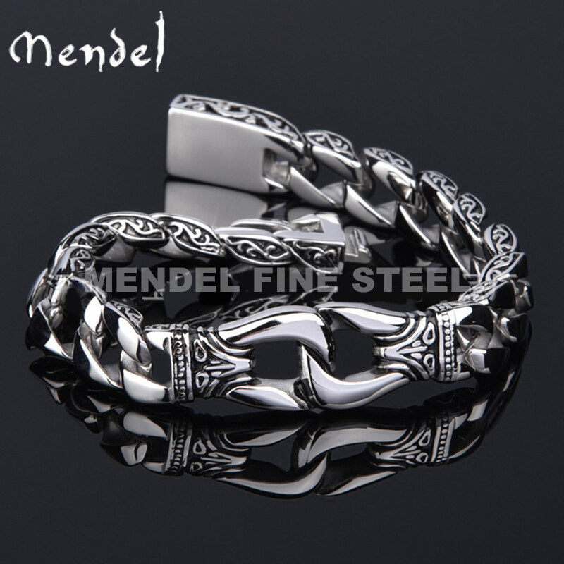 MENDEL 8 Inch Mens Motorcycle Biker Cuban Link Chain Bracelet Stainless Steel