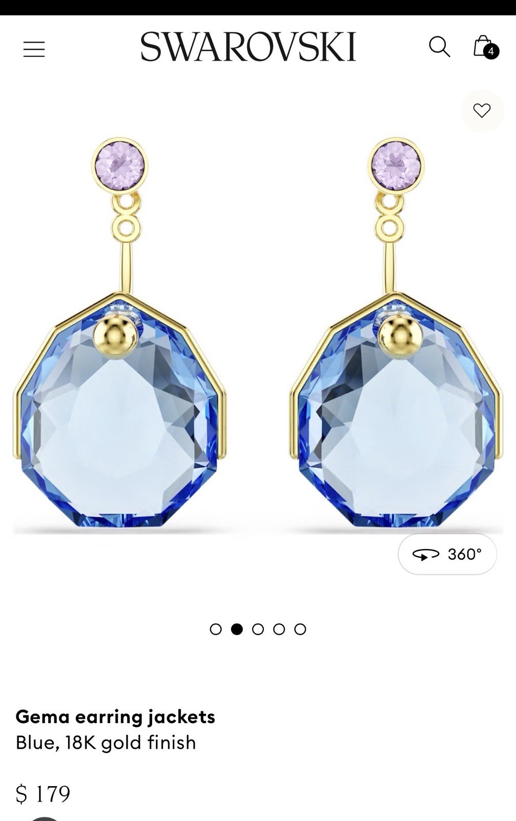 Swarovski Gema Jacket Drop Stud Earrings Blue Octagon Crystal 18K Gold Plated