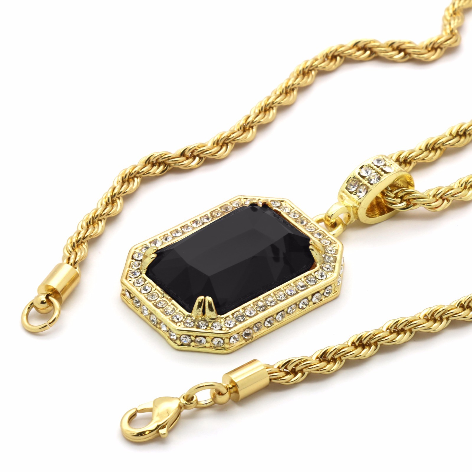 Mens Hip Hop 14k Gold Plated Cubic-Zirconia Fashion Pendant 24″ Rope Chain BK