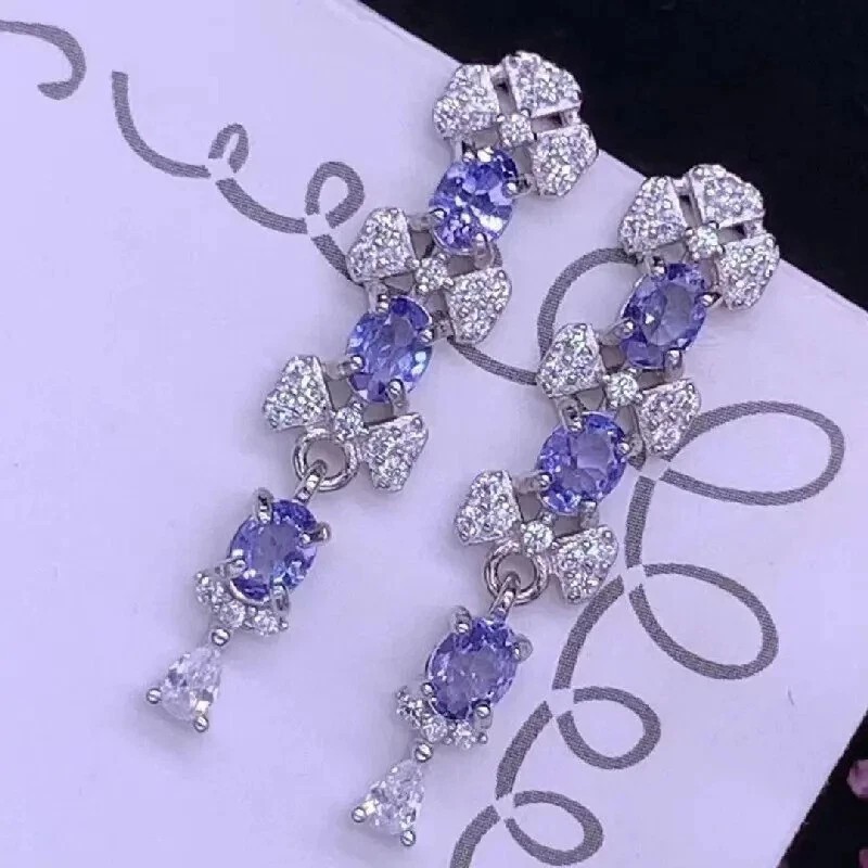 3.0Ct SIMULATED Tanzanite & Diamond Drop & Dangle Earrings 14K White Gold Plated