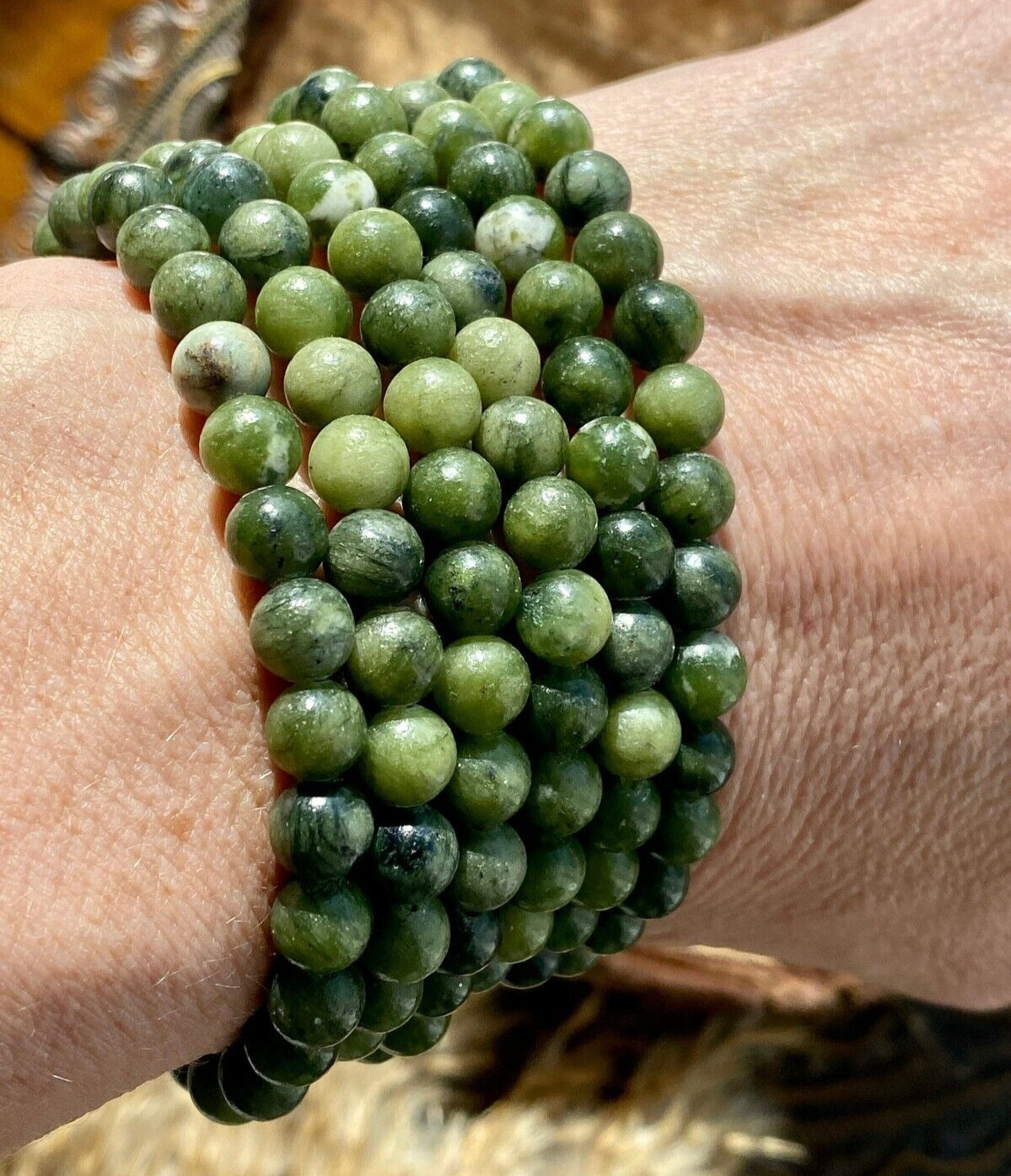 Natural Green Nephrite Jade Beads Bracelet 8mm Stretch Lucky Charm Gift Women