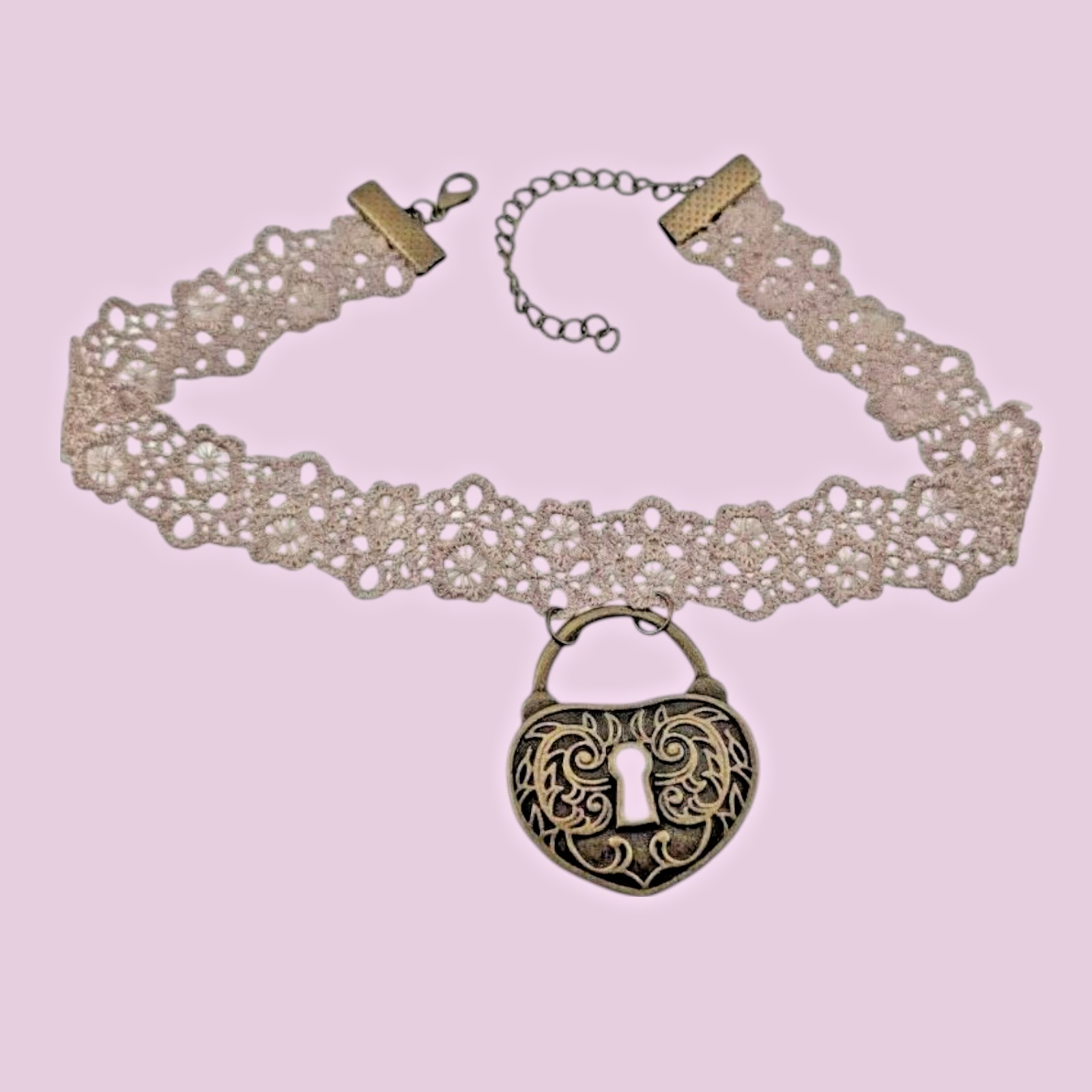 TAN LACE CHOKER & BRONZE HEART PADLOCK PENDANT steampunk lock necklace 12-15″ T6