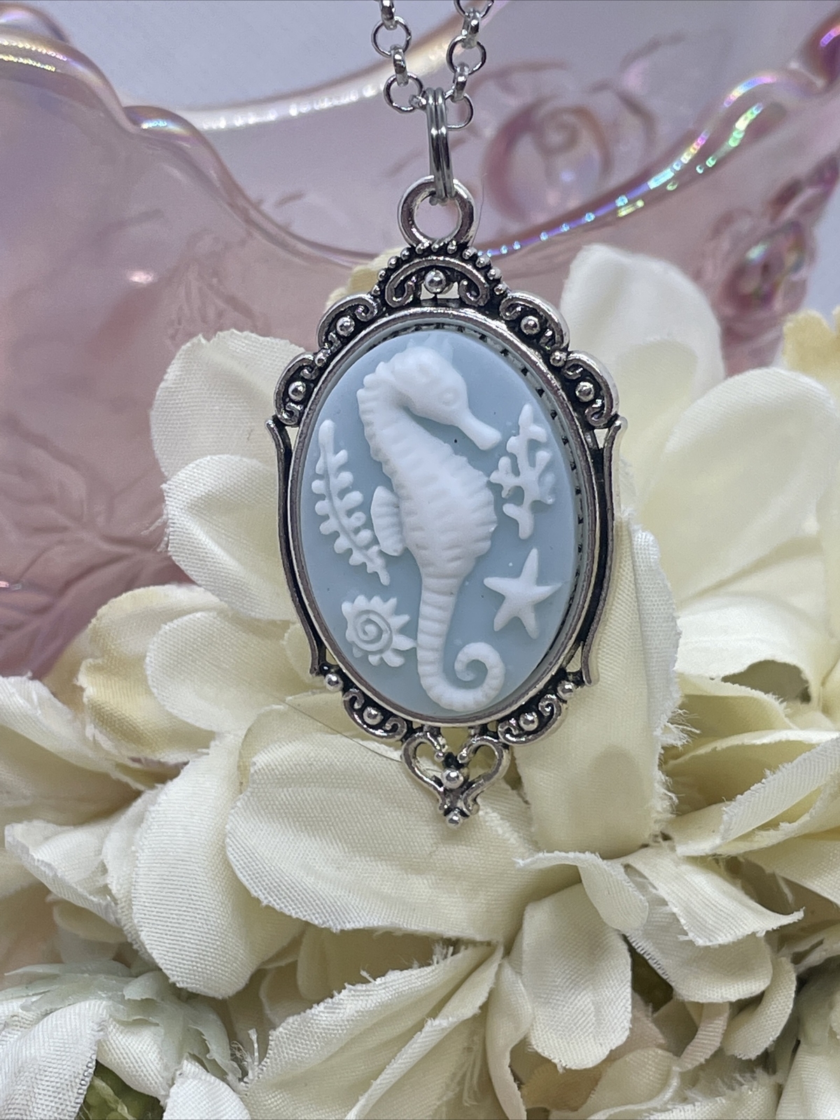 Cameo Necklace Seahorse Sea Horse Fish Prom Nautical Wedding Silver Heart Star