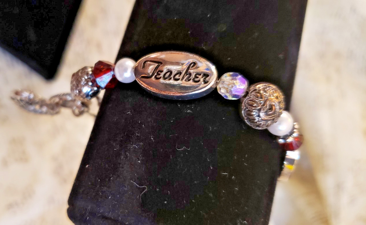 Whimsy, Classy Teacher Gift – Metal Charm Bracelet “Inspire, Wisdom, Teacher” 8″