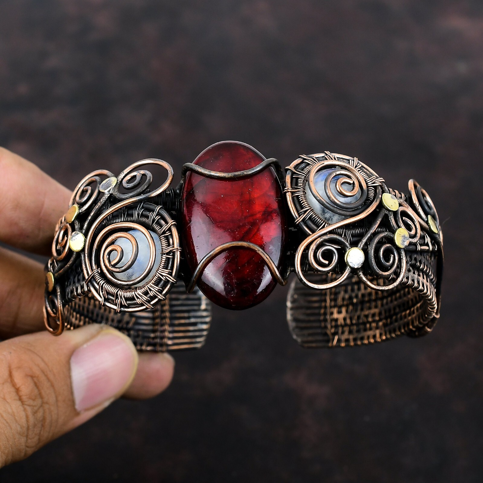 Red Fire Labradorite Copper Bestie Gift Wire Wrapped Adjustable Cuff