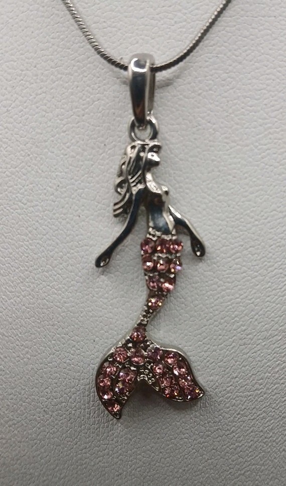 Mermaid Necklace Pink Rhinestones Signed Adult Jewels Silvertone